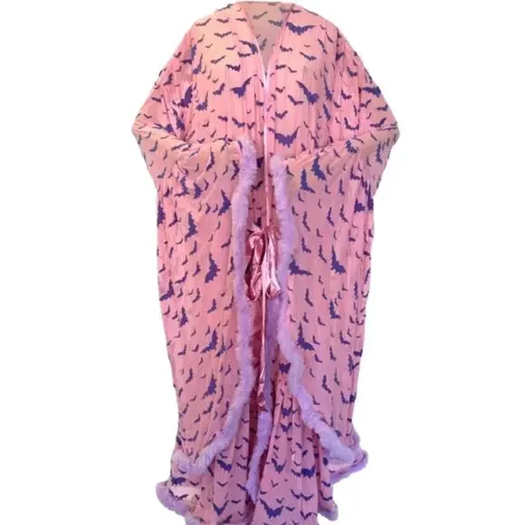 Western Evil NEW pastel goth Dracula boudoir feathered robe widow robe bat print - Picture 1 of 7